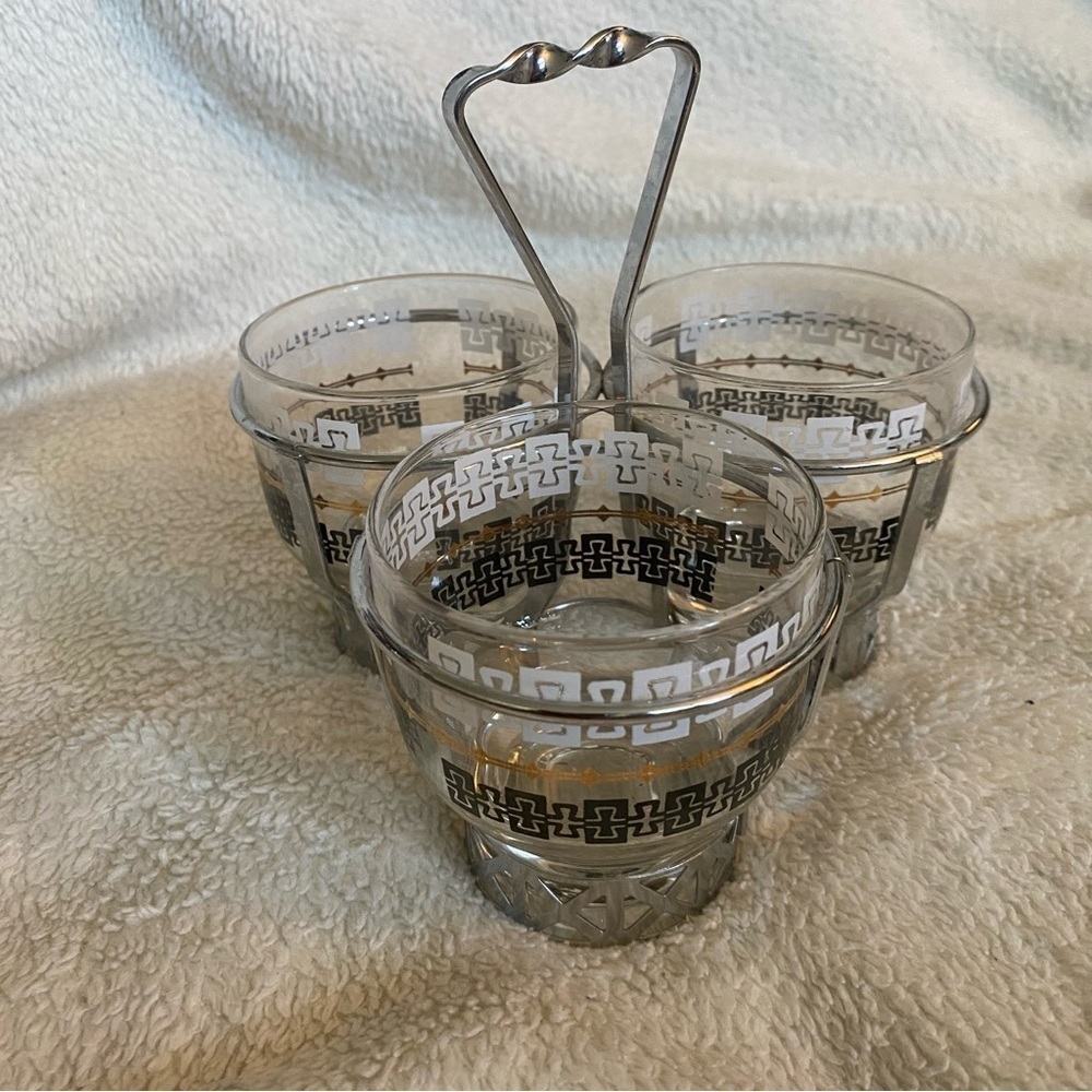 Libby Mid Century Modern condiment caddy trio Greek Keyhole pattern​​​​​​